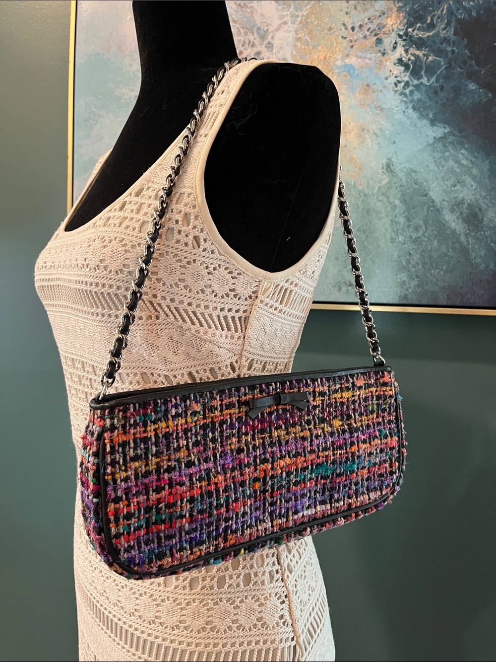 Talbots Multicolor Tweed Shoulder Bag with Black Trim & Chain - Picture 12 of 12